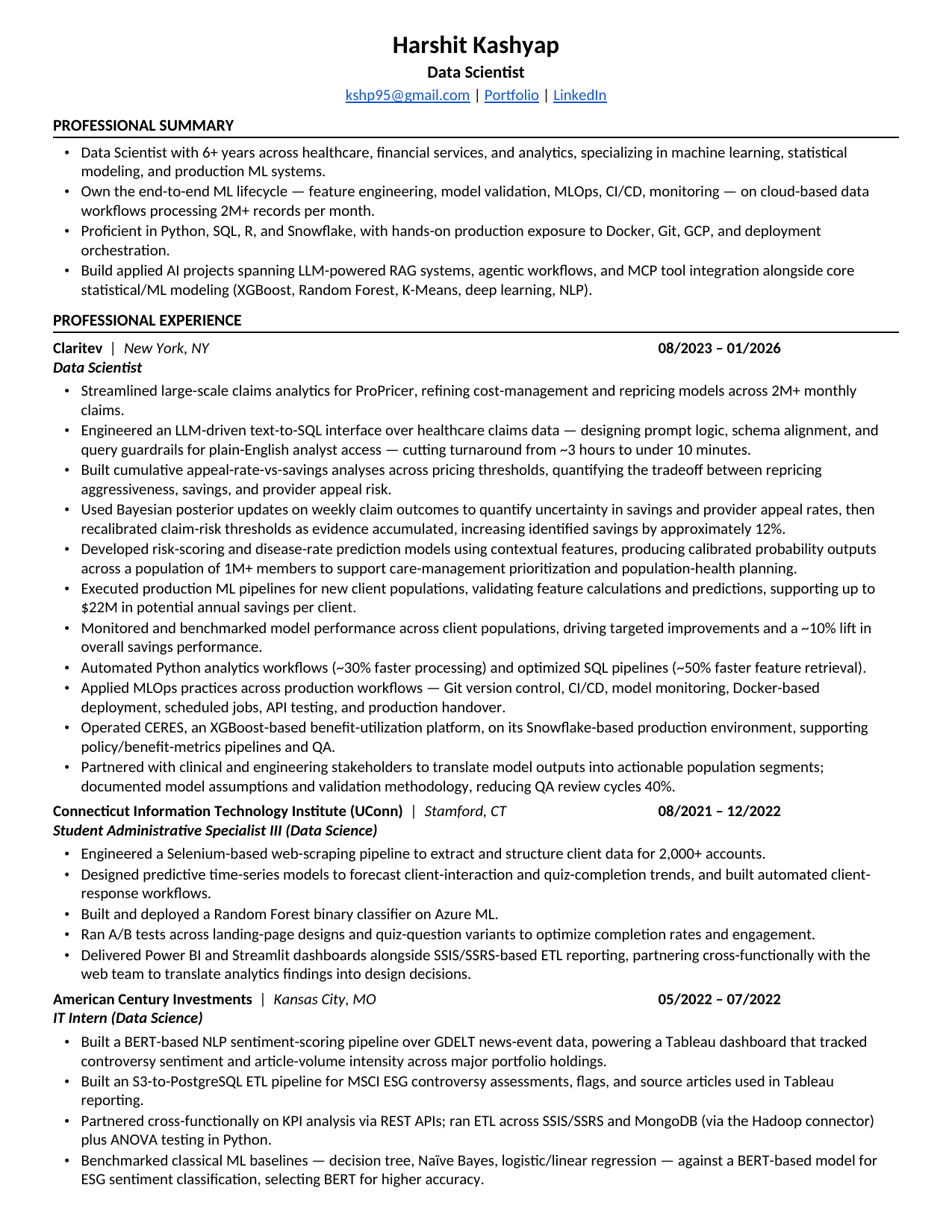 Harshit Kashyap resume, page 1 of 2
